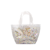 Clear vinyl handbag with glitter confetti and double hand strap.
