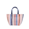 Cute tote bag in purple, blue, pink, and coral stripes pattern with navy straps.