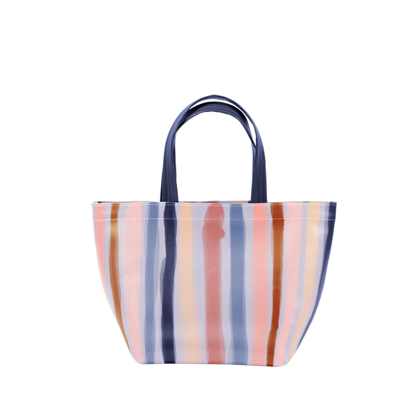 Cute tote bag in purple, blue, pink, and coral stripes pattern with navy straps.