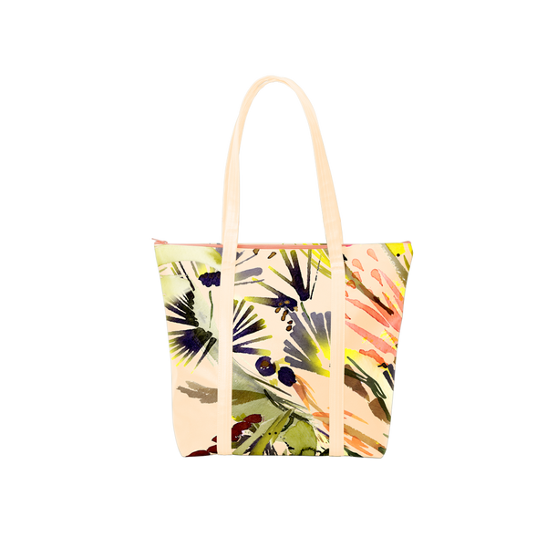 Cute tote bag in green tropical print vegan leather and yellow straps.