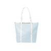 Cute tote bag in light blue vegan leather with white paint splatter straps and zippered top.