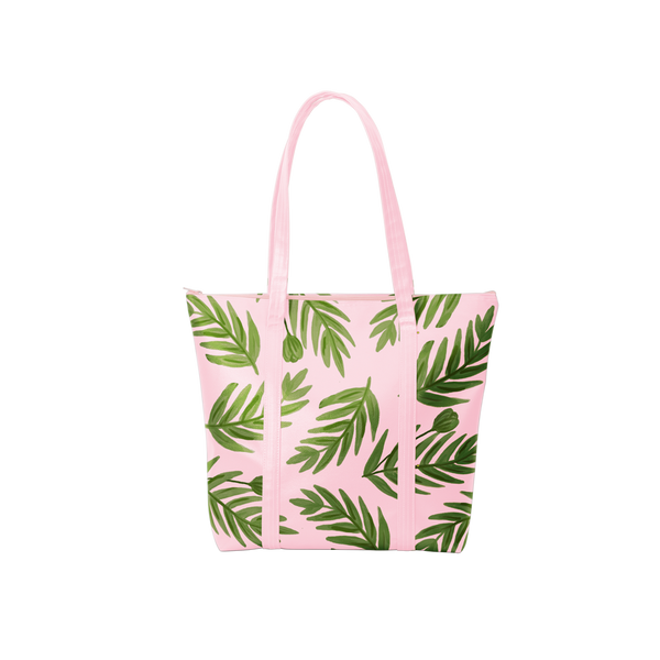 A cute tote bag in blush pink with green fern print and pink double shoulder straps.