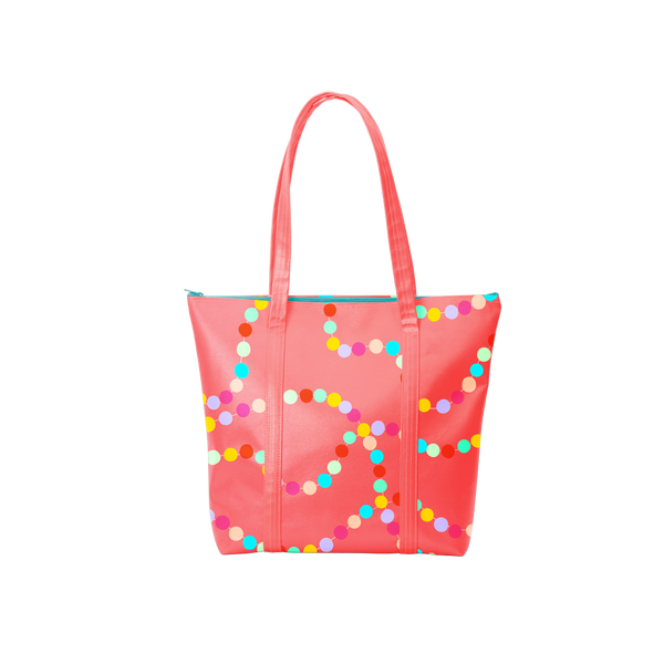 Cute tote bag with zippered top in red with rainbow polka dot pattern.
