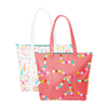 Two cute tote bags; one red with rainbow polka dots and the other white with rainbow confetti pattern.