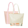 Two cute tote bags with zippered top closure; one tan with geometric pattern detail and pink straw with canvas straps.