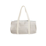 Cute duffel bag in canvas with gray stripes.