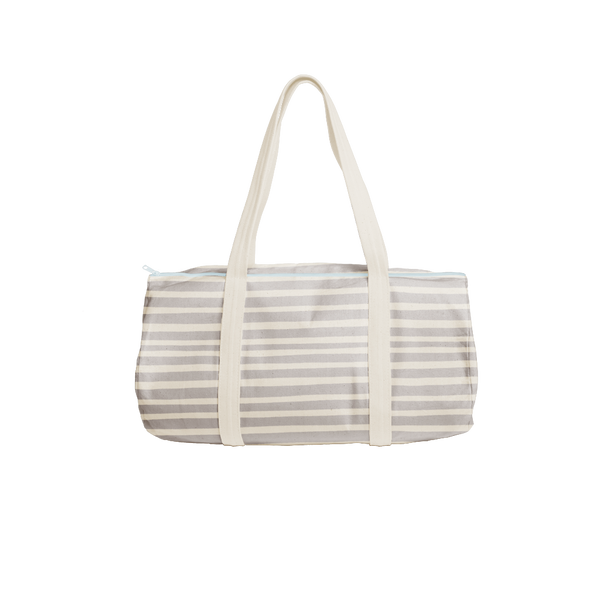 Cute duffel bag in canvas with gray stripes.