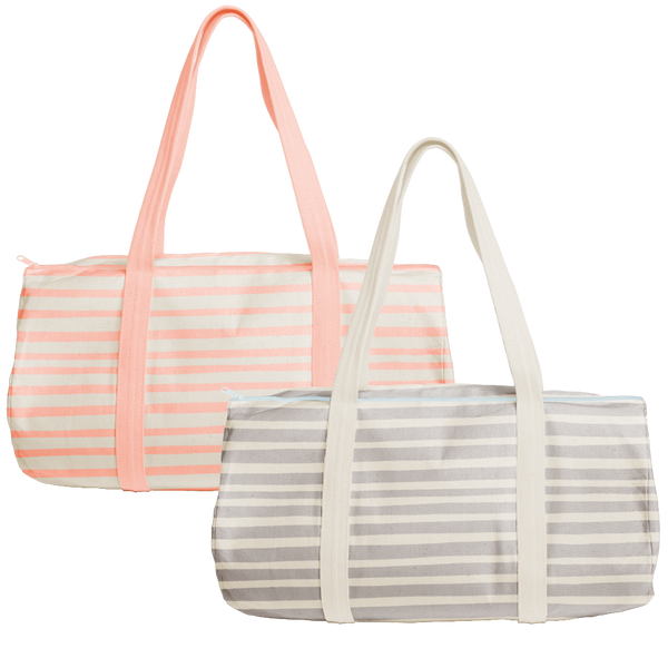 One gray canvas duffel bag with stripes and one canvas duffel bag with peach stripes and straps.