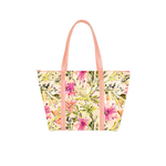 Cute tote bag in tropical floral print, zippered top, and peach shoulder straps.