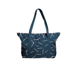 Cute tote bag in navy blue canvas with pixie stick pattern and double shoulder straps.