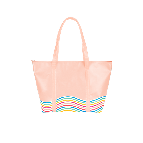 Cute tote bag in peach vegan leather with rainbow wavy line trim and a zippered top.