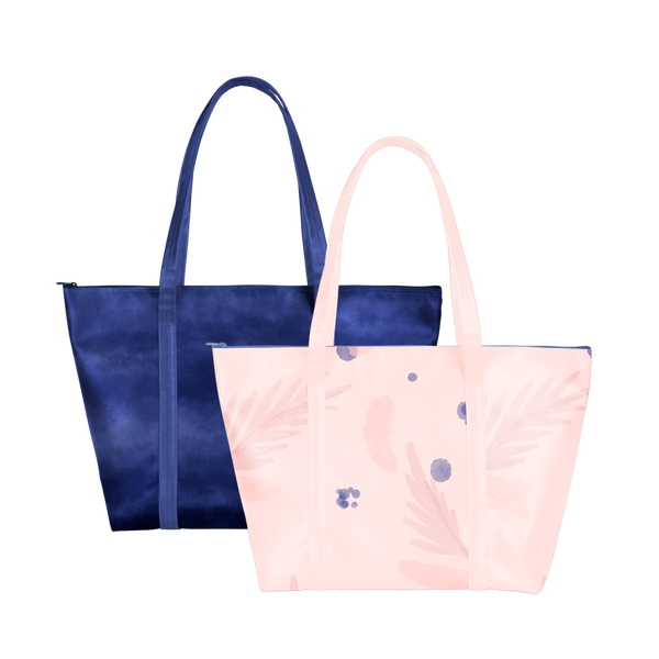 Two cute travel bags; one light purple with abstract florals and the other dark navy blue.