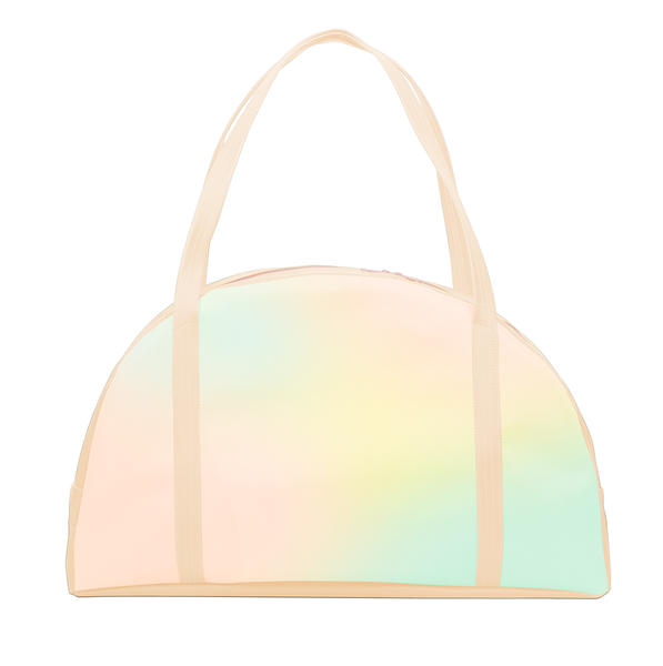 Cute carryon bag in pastel ombre and light yellow shoulder straps and zippered top.