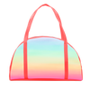 Cute carryon bag in a rainbow ombre with coral shoulder straps.