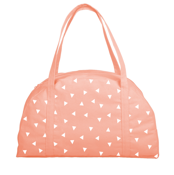 Cute carryon bag in peach canvas with triangle pattern.