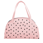 Cute travel tote in blush pink canvas with black triangles pattern.