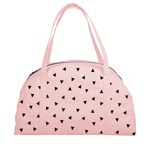 Cute travel tote in blush pink canvas with black triangles pattern.