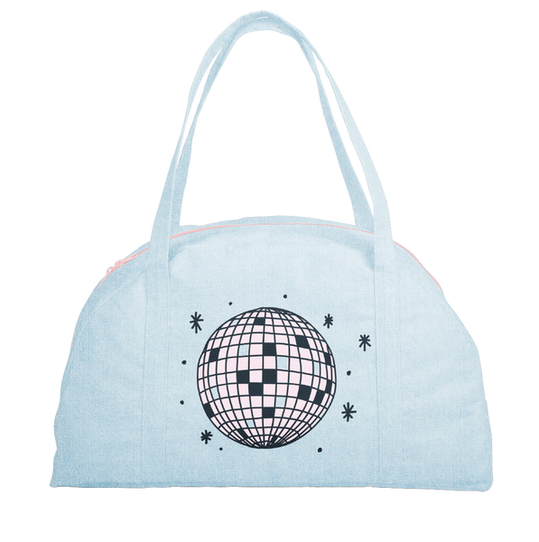 Cute travel tote bag in light denim with pink disco ball design.