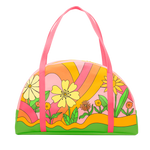 large zippered tote bag with pink handles in pink with floral and swirl print in pink, yellow and orange