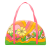 large zippered tote bag with pink handles in pink with floral and swirl print in pink, yellow and orange