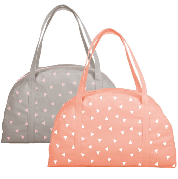 Canvas travel tote bag in peach with triangle pattern and gray with triangle pattern.