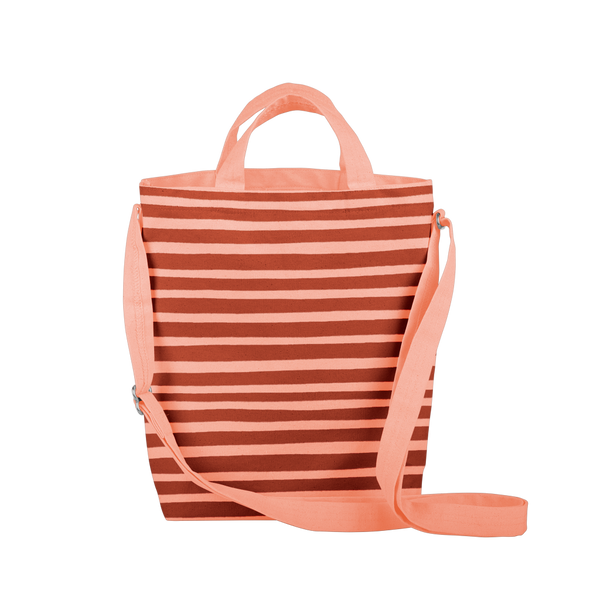 cute tote bag with peach canvas, stripes, and adjustable straps