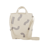 Cute tote bag in light gray canvas with adjustable shoulder strap and dark gray macaroni pattern.