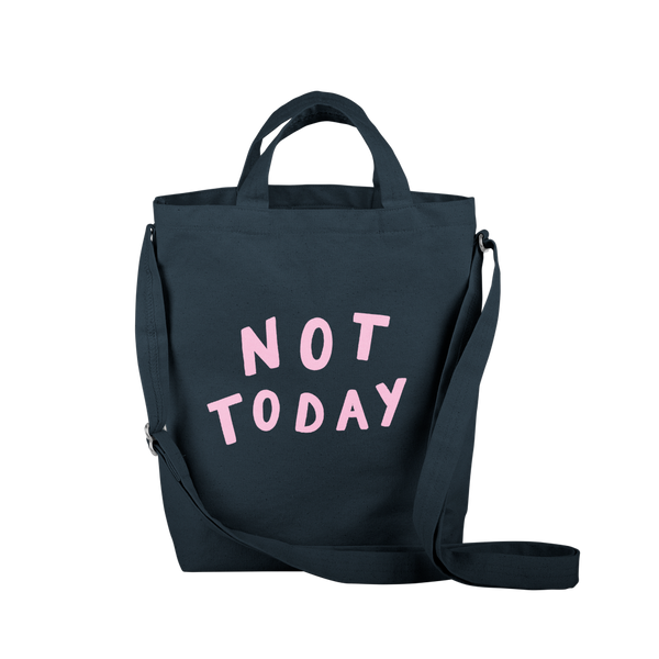 navy canvas tote with not today print and adjustable straps