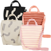 Four cute tote bags; pink with yellow stripes, light gray with gray macaroni, peach with red stripes, and black with white macaroni pattern.