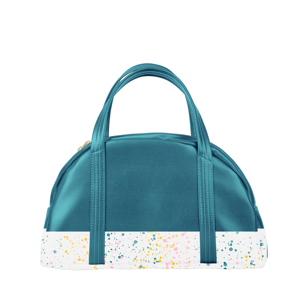 Cute handbag in spruce green with white paint splatter trim and double straps.