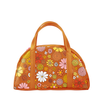 brown ground bag with double handles in a fun floral print