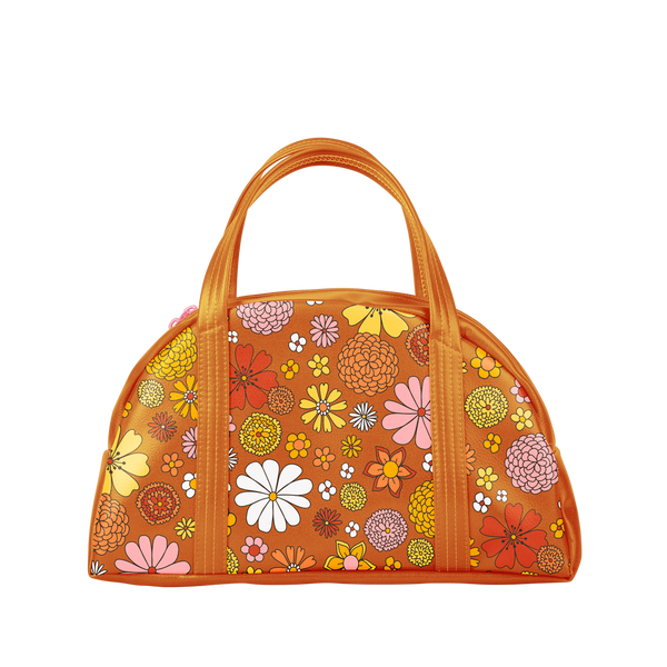 brown ground bag with double handles in a fun floral print