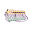 Rainbow checkered Travler Duffle bag with blues, purple, orange, green, and pink colors.