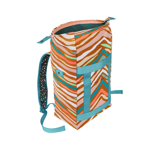 A wild-striped back pack in neutral and pastel colors. Also has blue accent straps to the front and back of the bag.