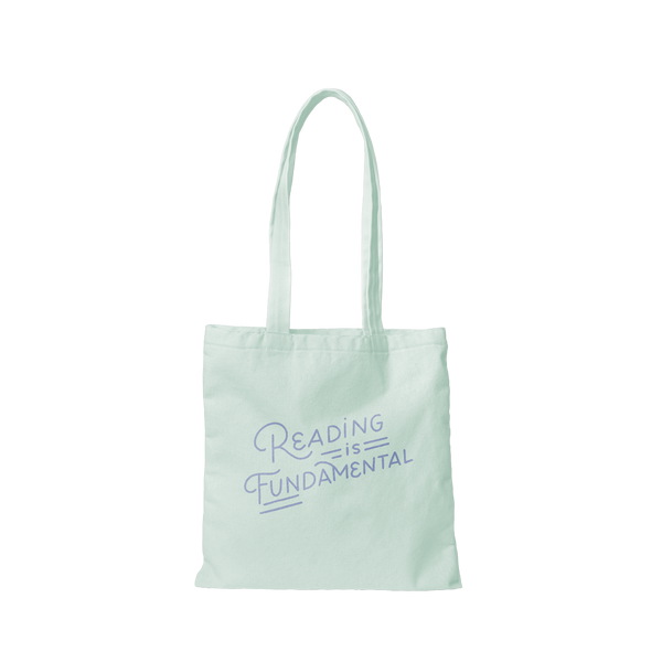 Cute canvas tote bag in light blue with blue Reading is Fundamental lettering design.