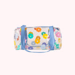 Clear daisy lil darling barrel bag with periwinkle handles. 