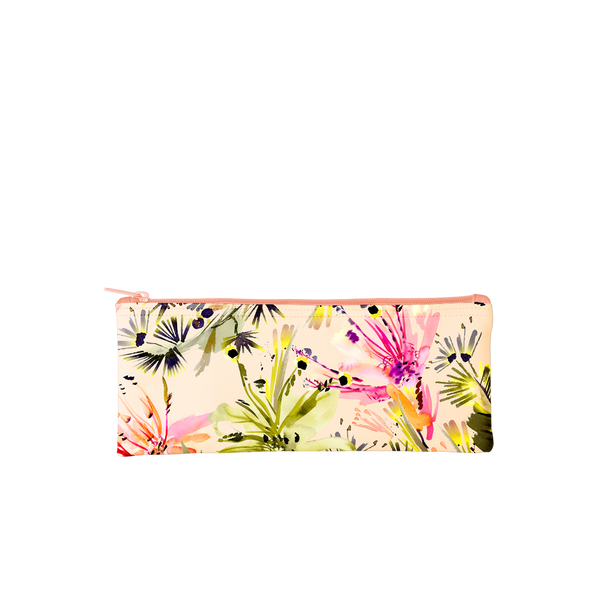 This cute pencil pouch features a tropical flora pattern in and peach background.
