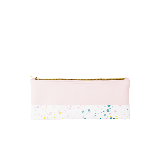 Cute pencil pouch in blush pink with white paint splatter trim.