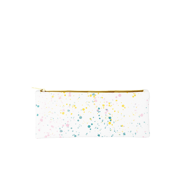 Cute pencil pouch in paint splatter print and a gold zippered top.