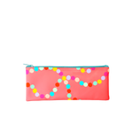 Cute pencil pouch in red with rainbow polka dots and a turquoise zipper.