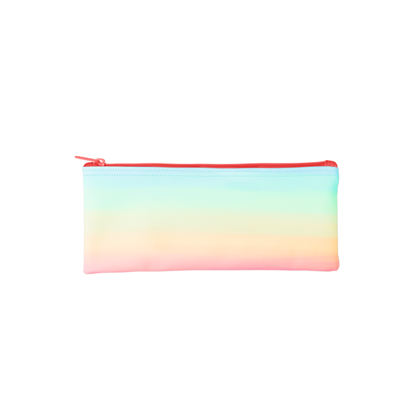 A rainbow ombre pixie pouch with a hot pink zipper.