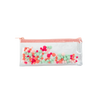 A clear pixie pouch with multicolored pom poms inside the bag. Pouch has a peachy pink zipper.