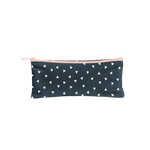 Canvas Pencil Pouch in navy with white triangles and peach zipper.