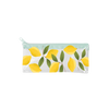 A clear pixie pouch with Lemons printed on, along with stems that have green leaves. Pouch also has light blue zipper.