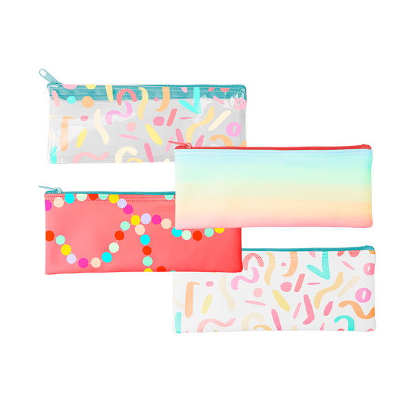 The pixie pouch is a cute pencil pouch in Meltdown, Party Animal, Sugar rush, and clear vinyl Party Animal.