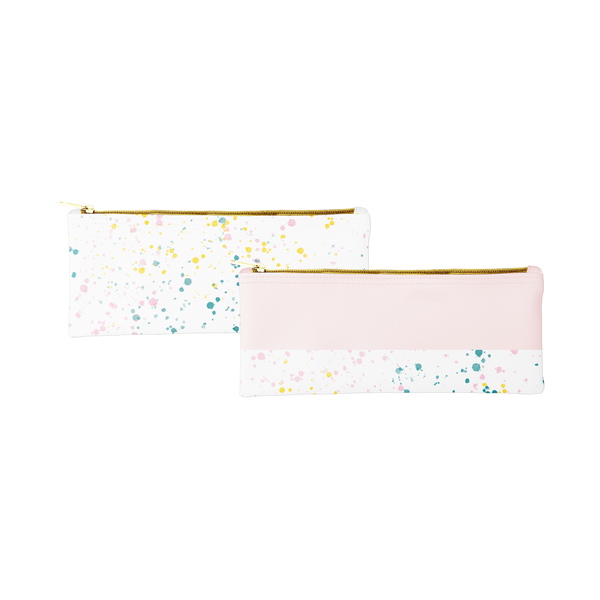 Two cute pencil pouches; one blush pink and one white with paint splatter print and gold zippered top.
