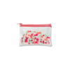 A clear Poptart pouch with multicolored pom poms. Pouch has hot pink zipper.