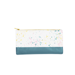 Cute pencil pouch in white paint splatter print with spruce green trim and a gold zipper.
