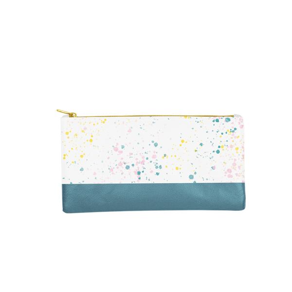 Cute pencil pouch in white paint splatter print with spruce green trim and a gold zipper.