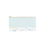 Cute pencil pouch in powder blue with white paint splatter trim and a gold zipper.